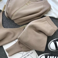 Szykowna, nowa 3 szt. Kombinezon dzianinowy z długimi rękawami kurtka zapinana na zamek rozpinane + bezrękawnik + spodnie kobiety moda solidny salon zestaw Casual dresy 5